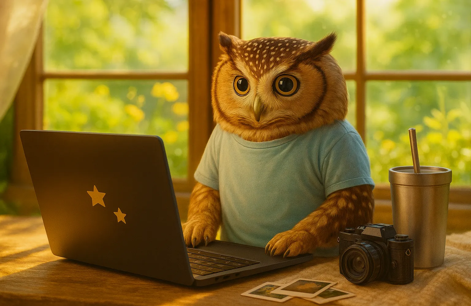 AI Owl with camera and laptop