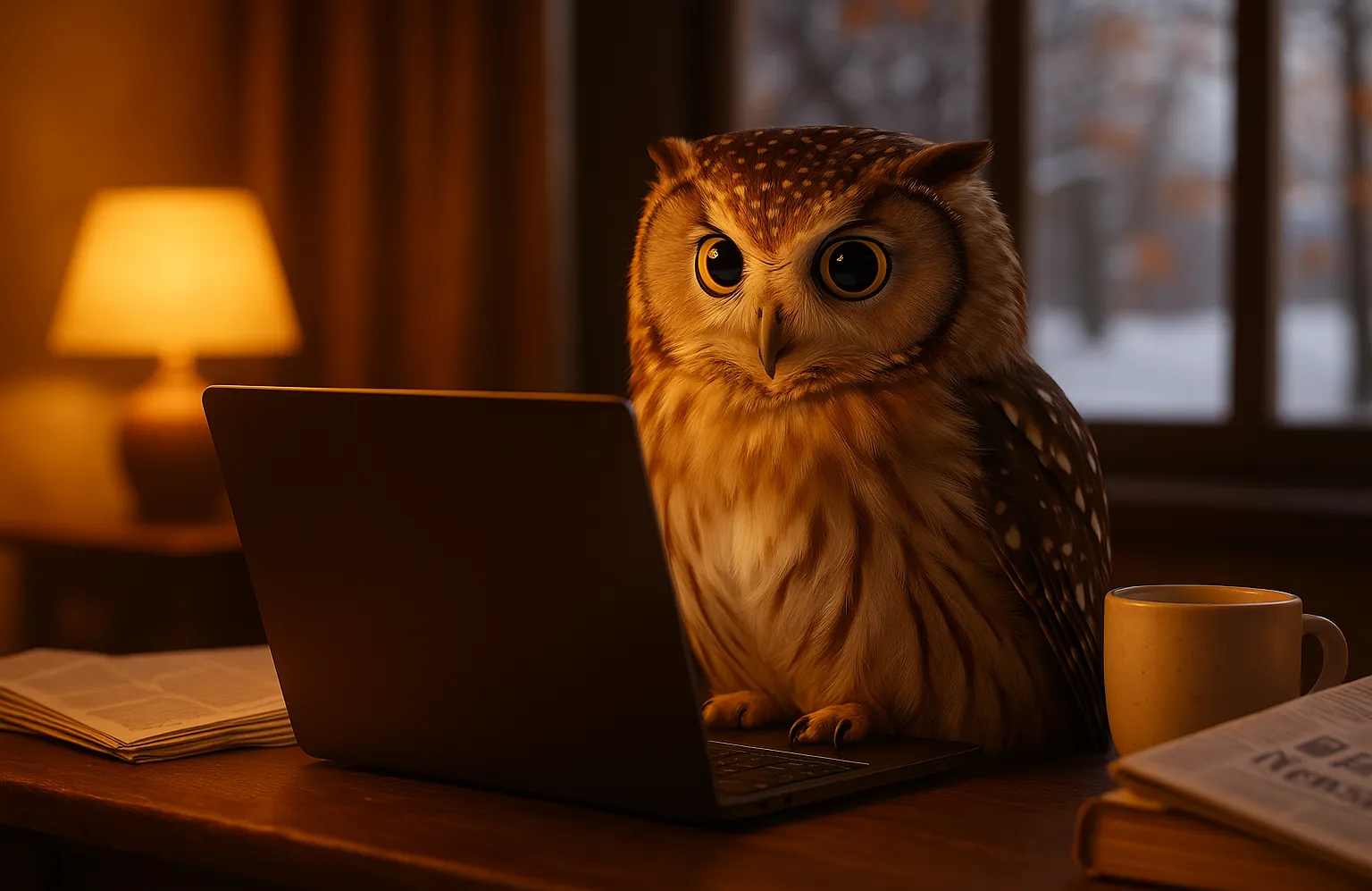 AI generated owl in front of laptop