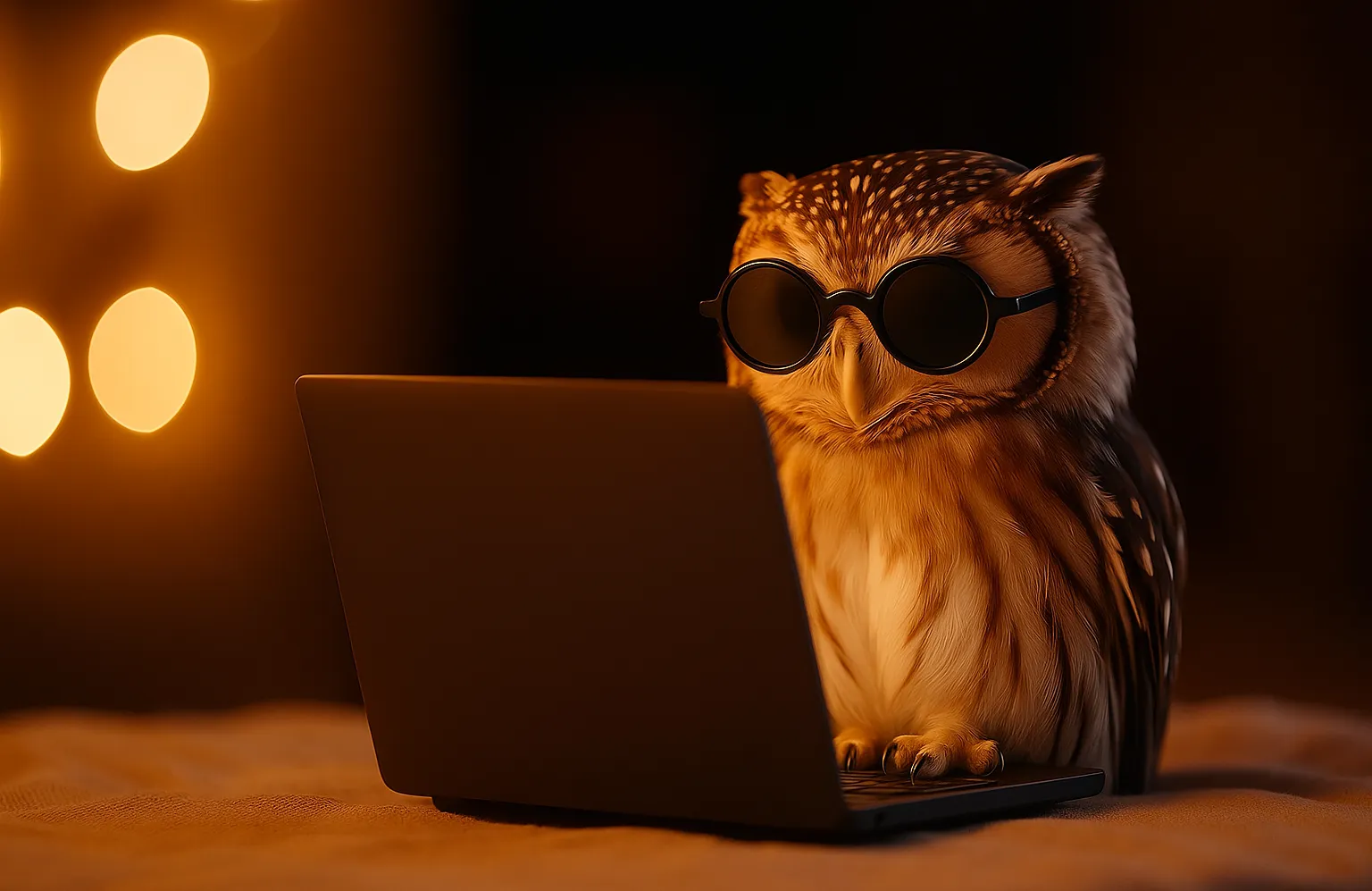 Owl with Sunglasses at Laptop