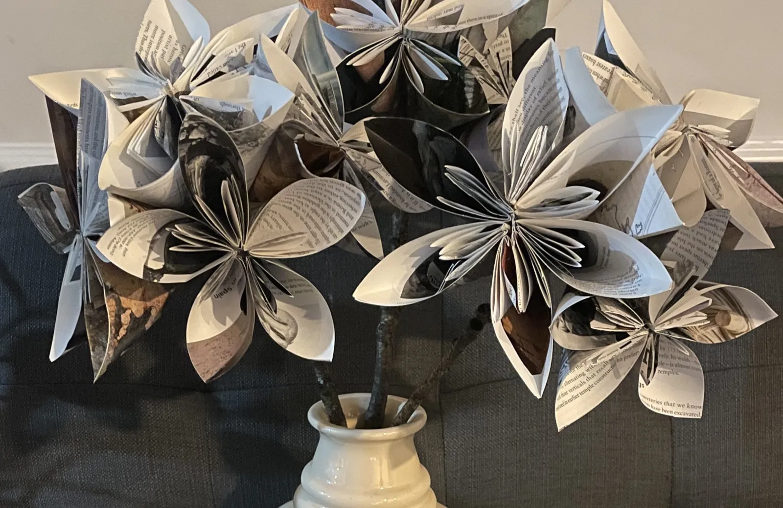 Vase of flowers made out of old books 