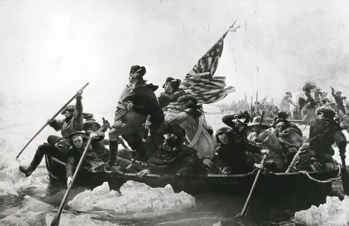 George Washington crossing the Delaware River during the American Revolutionary War, 1776.