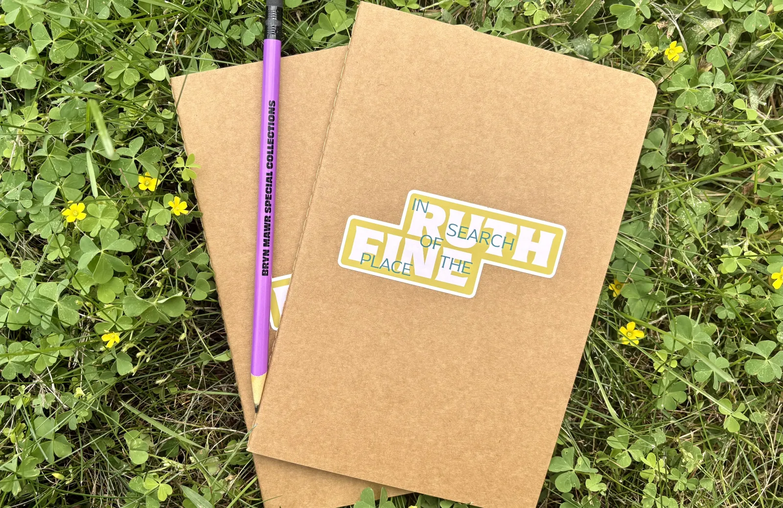 Two notebooks and a pencil sitting on the grass. The notebooks have a sticker on them that says "Ruth Fine: In Search of the Place." 