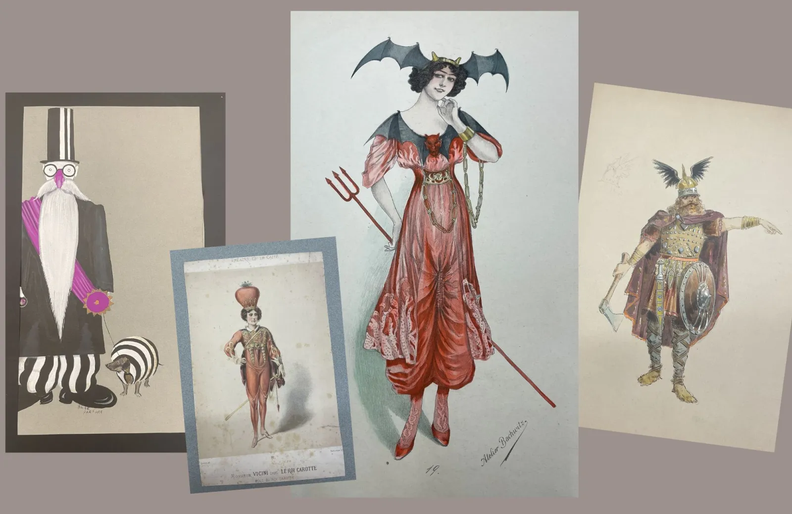 Images from the Hiler costume library including of a woman with a bat headpiece, a Viking, and a clown. 