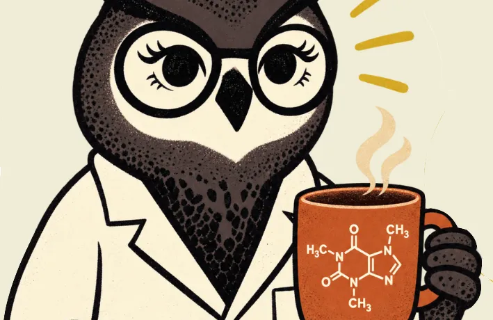 An owl with glasses and a lab coat holds a cup of coffee with a chemical diagram of a caffeine molecule