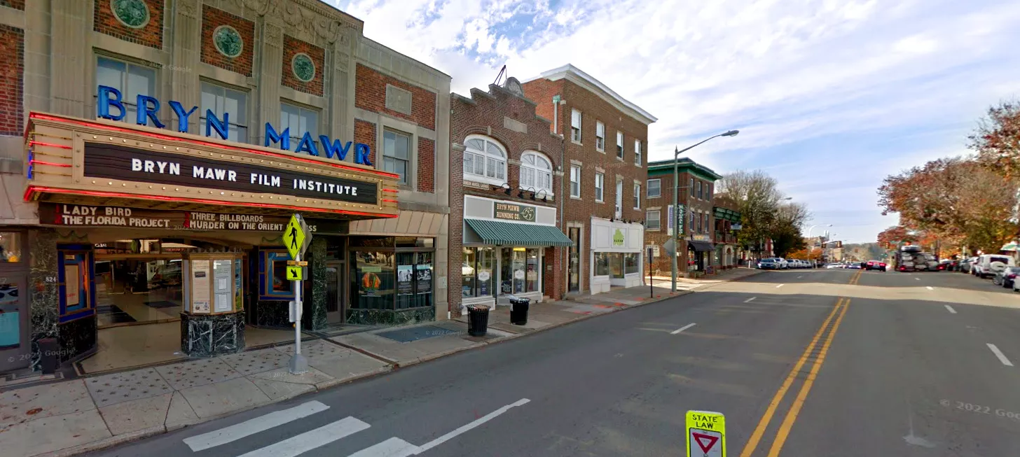 Downtown Bryn Mawr with the Bryn Mawr Theater in view.