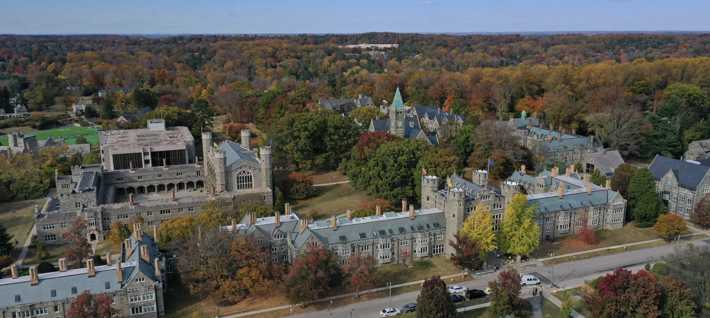 Aerial shot of campus in fall