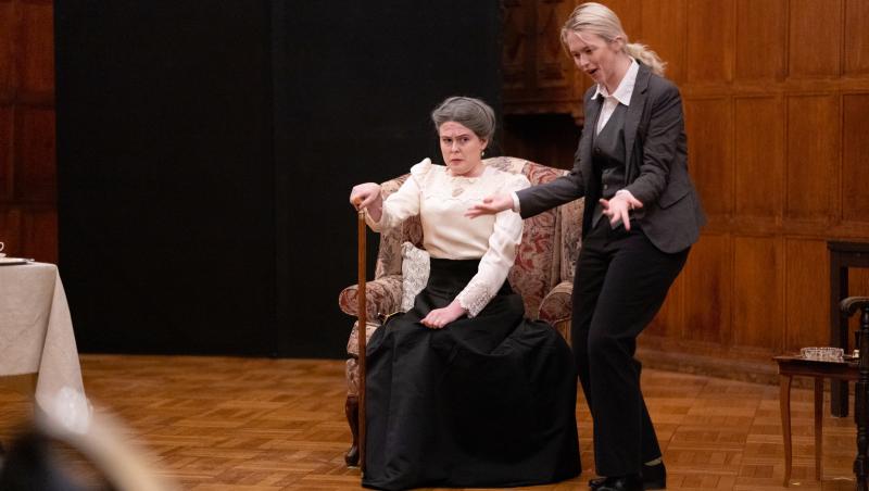 Jack tries to impress the mother of his potential betrothed, Lady Bracknell (A.E. Shuff '22).