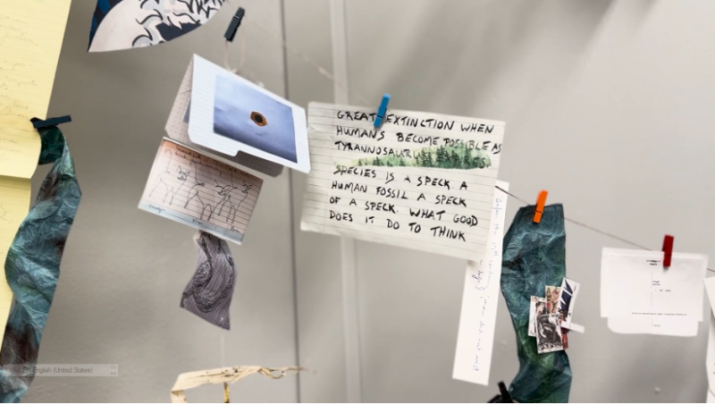 Notes, drawings, various materials clipped and glued to clothesline. Some visible text reads: Great extinction when humans become possible as Tyrannosaurus... Species is a speak a human fossil a speck of a speck. What good does it do to think