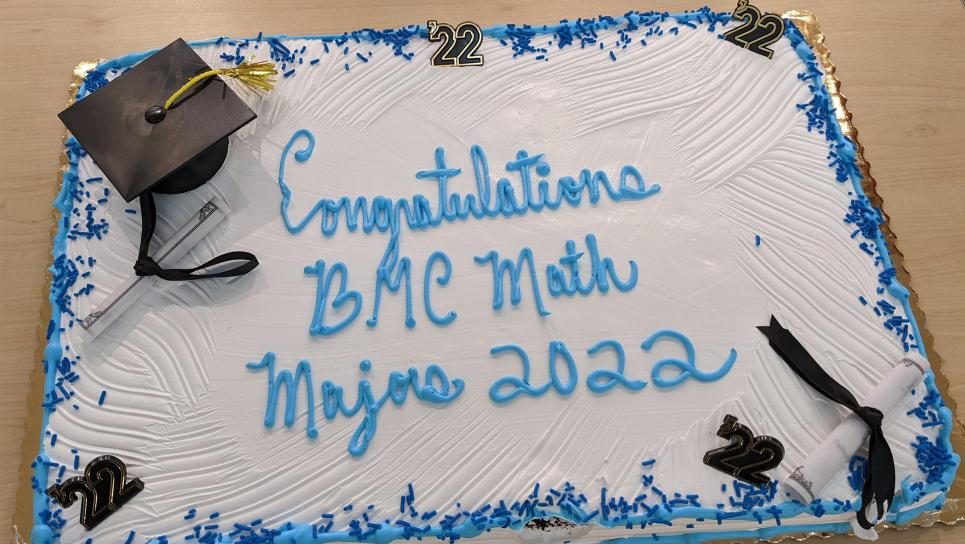 Photo of graduation cake with "Congratulations BMC Math Majors 2022" message
