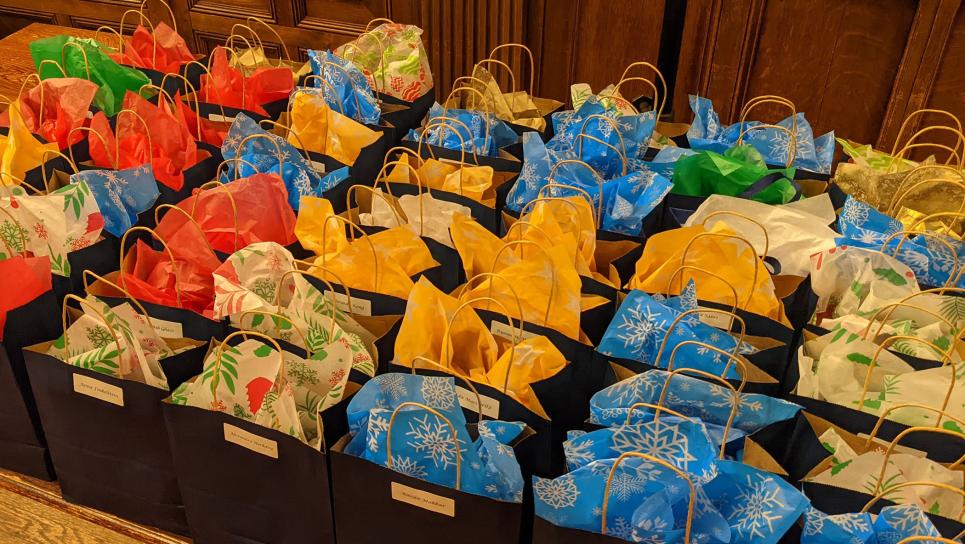 Photo of holiday gift bags for math seniors