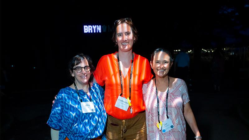 Photo of math major Abby Kay, biology major Catherine Valentine, and Physics major Zoe Williams at Reunion.
