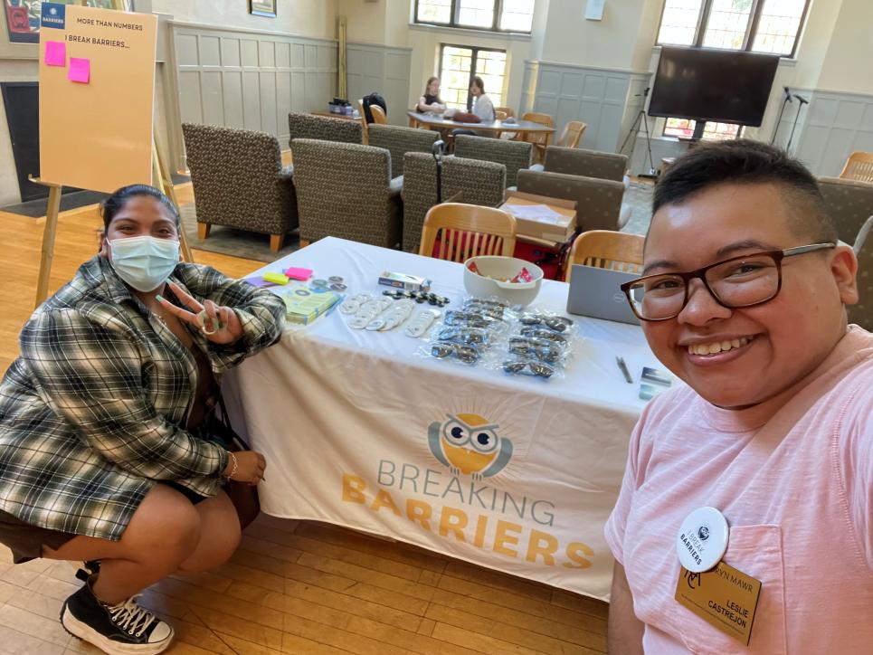 Image of Dean Leslie Castrejon with Jazmin Osorio-Rodriguez'23 in the Campus Center Main Lounge