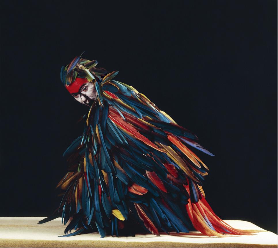 Cecilia Paredes crouches in a cape of made of parrot feathers.