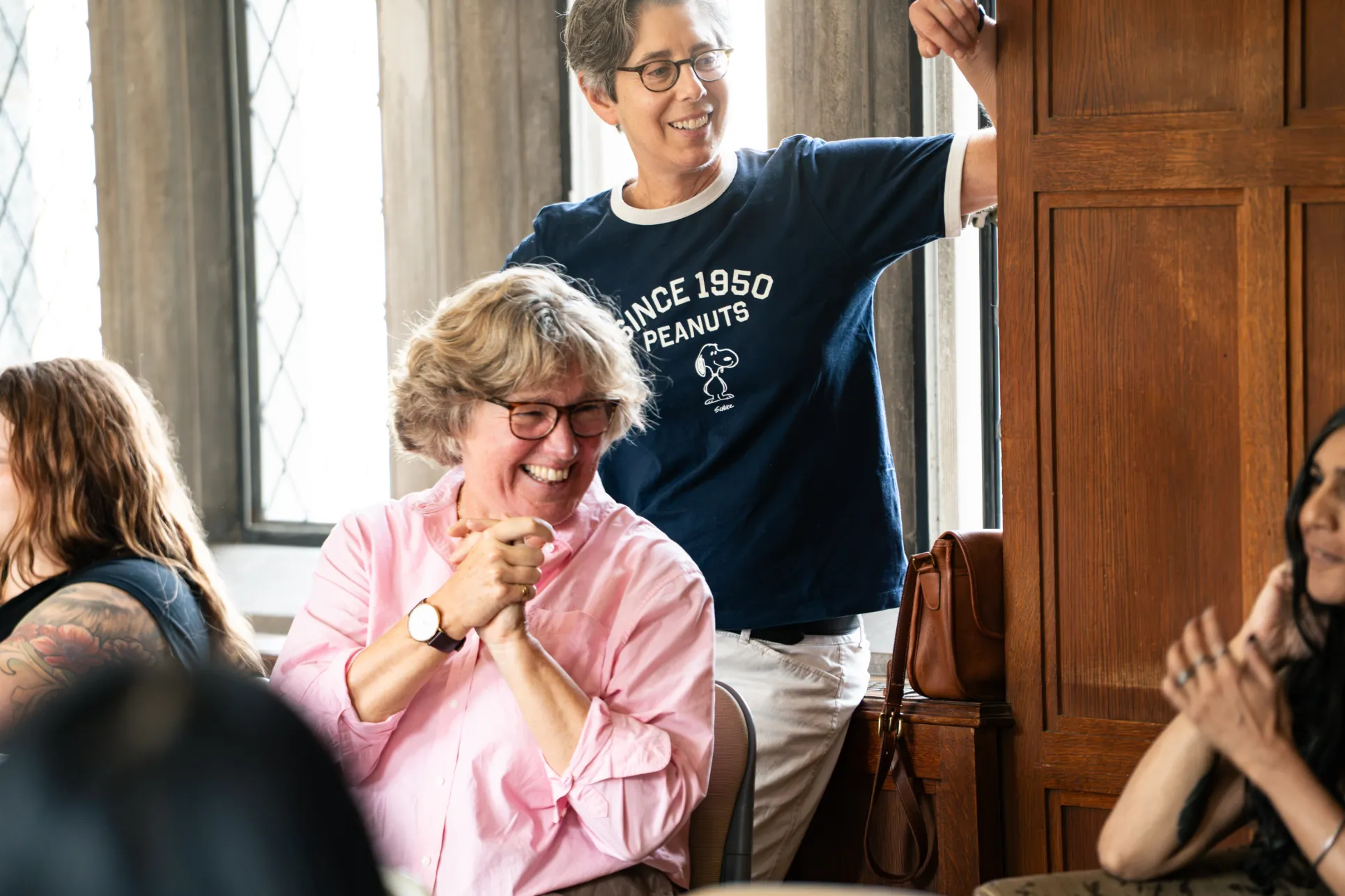 Professors Catherine Conybeare and Liza Salzman at the Cartoon Workshop. Photo by Caroline Bittenbender.