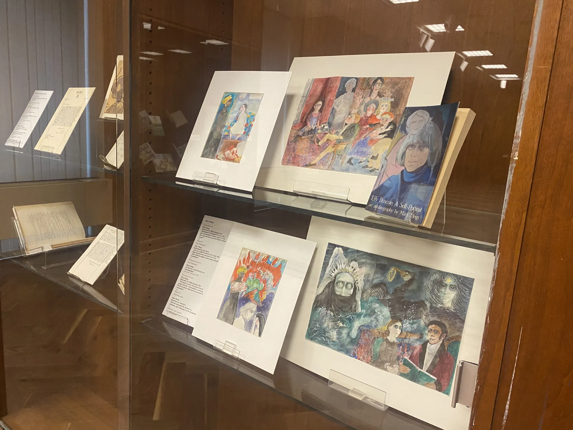 Display case showing art and a book related to Mary Meigs.