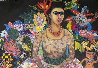 Central figure in voluminous dress depicting artist in the guise of Frida Kahlo