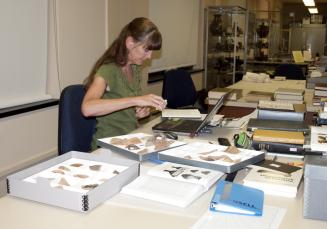 Hollister Pritchett examines ancient pottery in Bryn Mawr's Special Collections