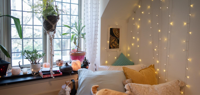 A room with fairy lights and hanging plants by a window