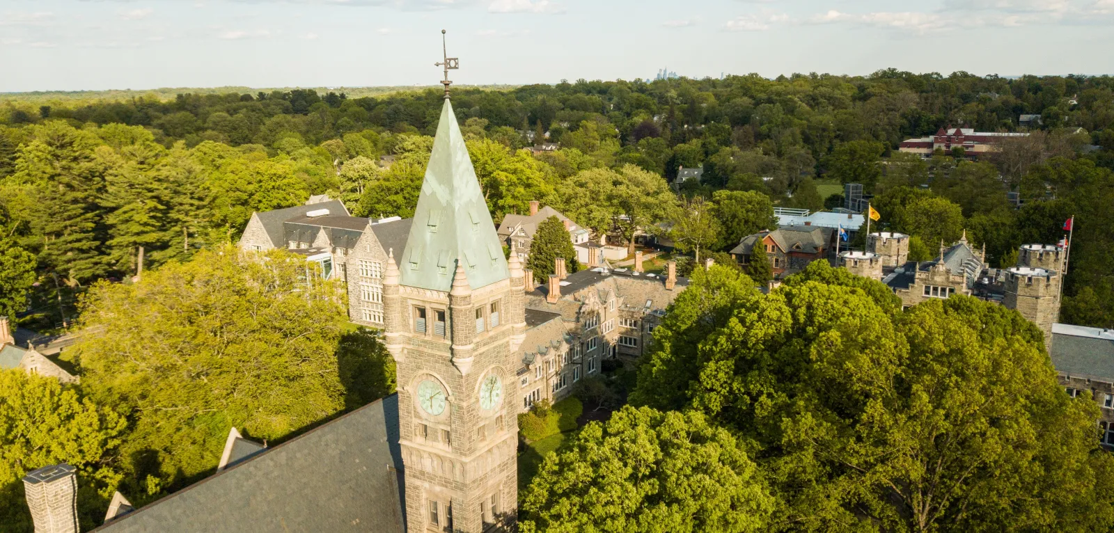 Birds eye view of Taylor Hall and the Bryn Mawr College campus
