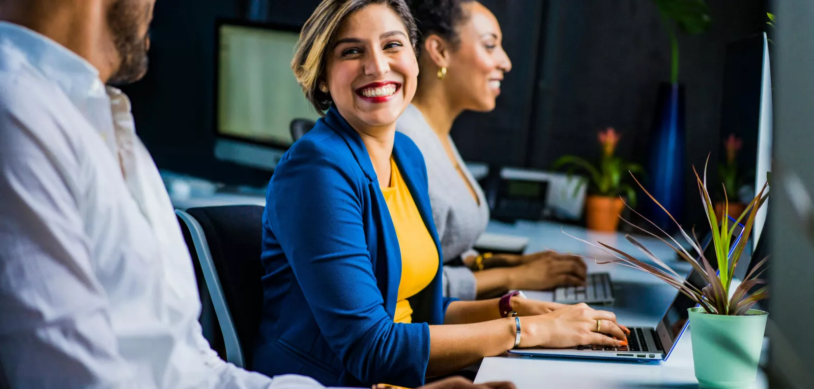 Employees working together and smiling