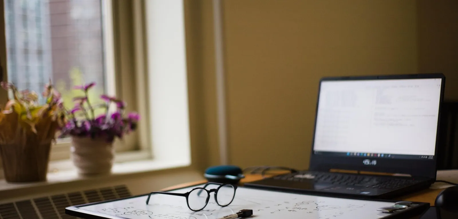 computer, whiteboard, glasses