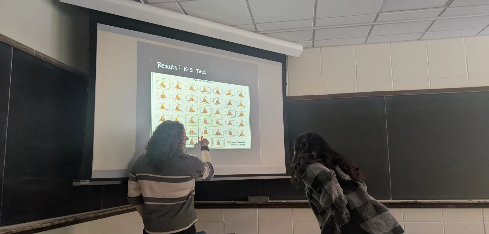 Two math graduate students at the board. One is pointing at a graph.