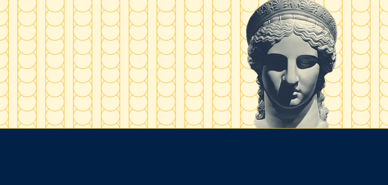 A yellow textured background with a solid navy bottom. A bust of Athena takes up a third of it from the right side.