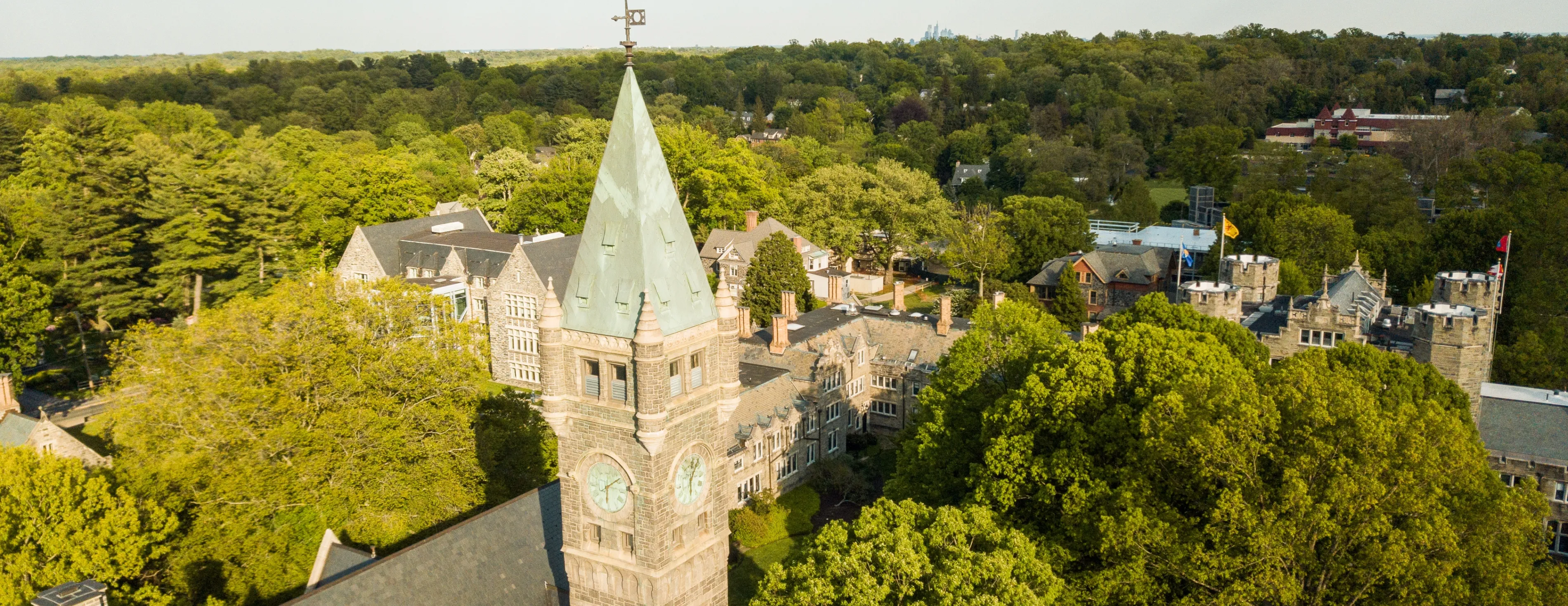 Birds eye view of Taylor Hall and the Bryn Mawr College campus