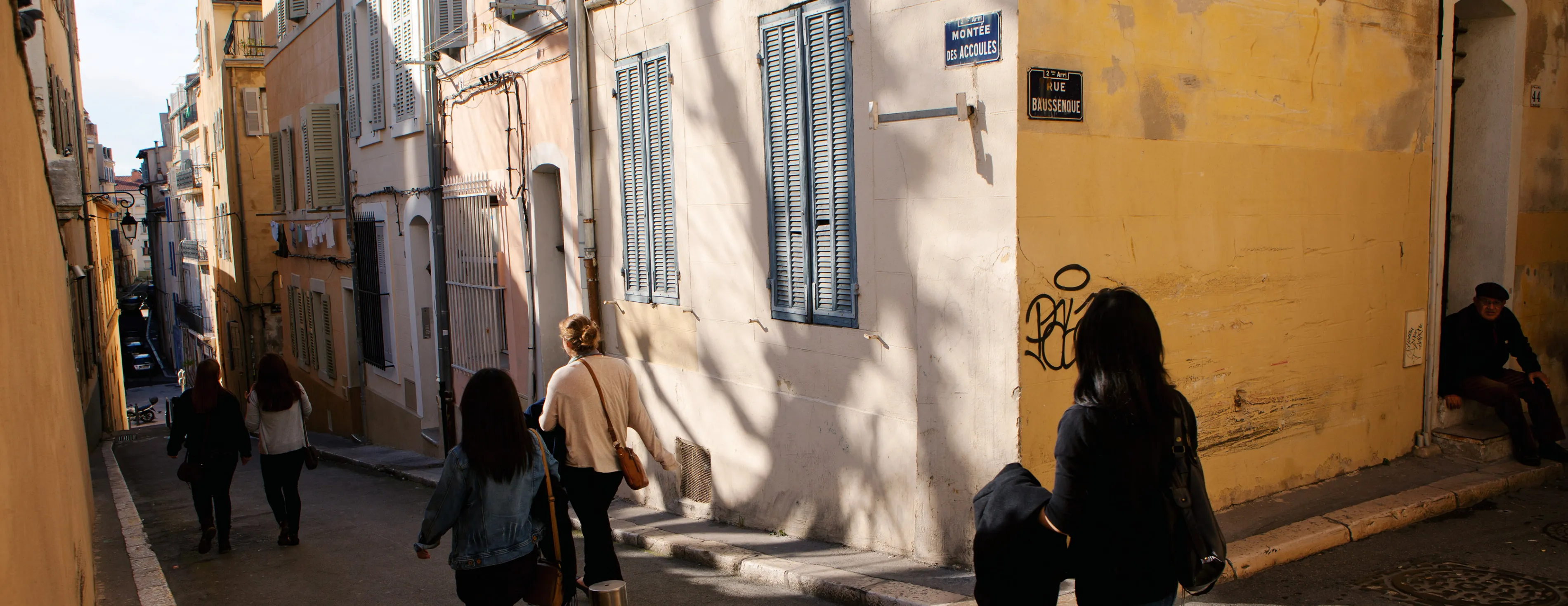 Header image for Bryn Mawr College French and Francophone Studies displaying a pedestrian road in Marseille