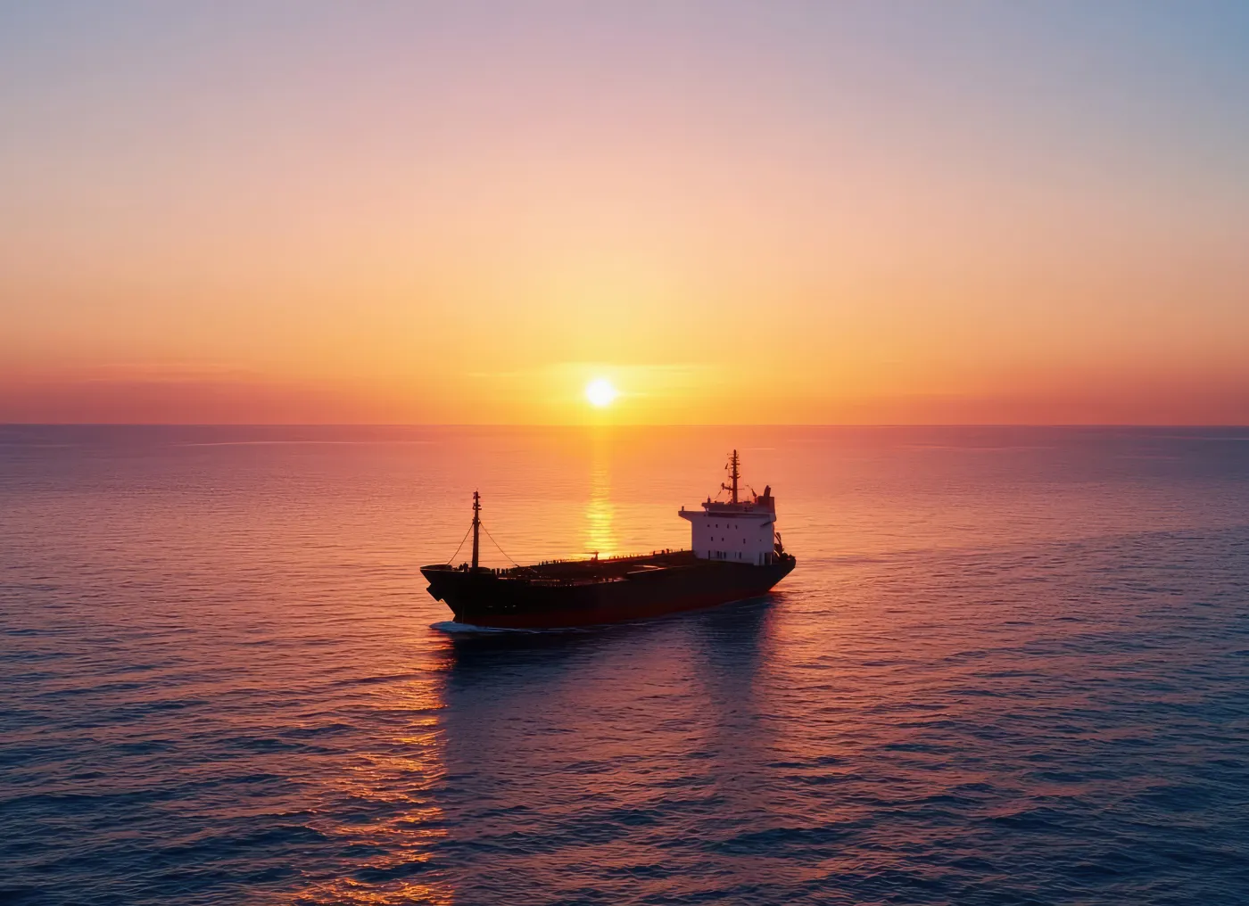Ship sailing into a sunset