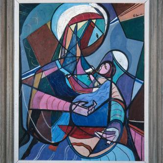 Abstract painting of figure holding a smaller figure. Bold colors and geometric composition resemble stained glass.