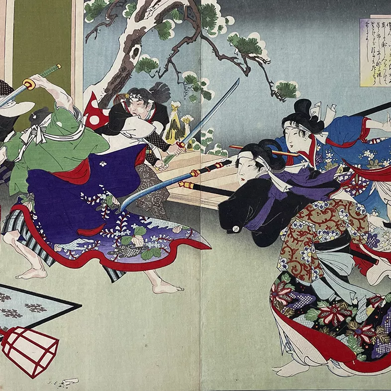 Elaborately clad figures fight with swords within an interior.