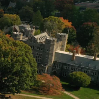 An aerial shot of Taylor Hall and campus