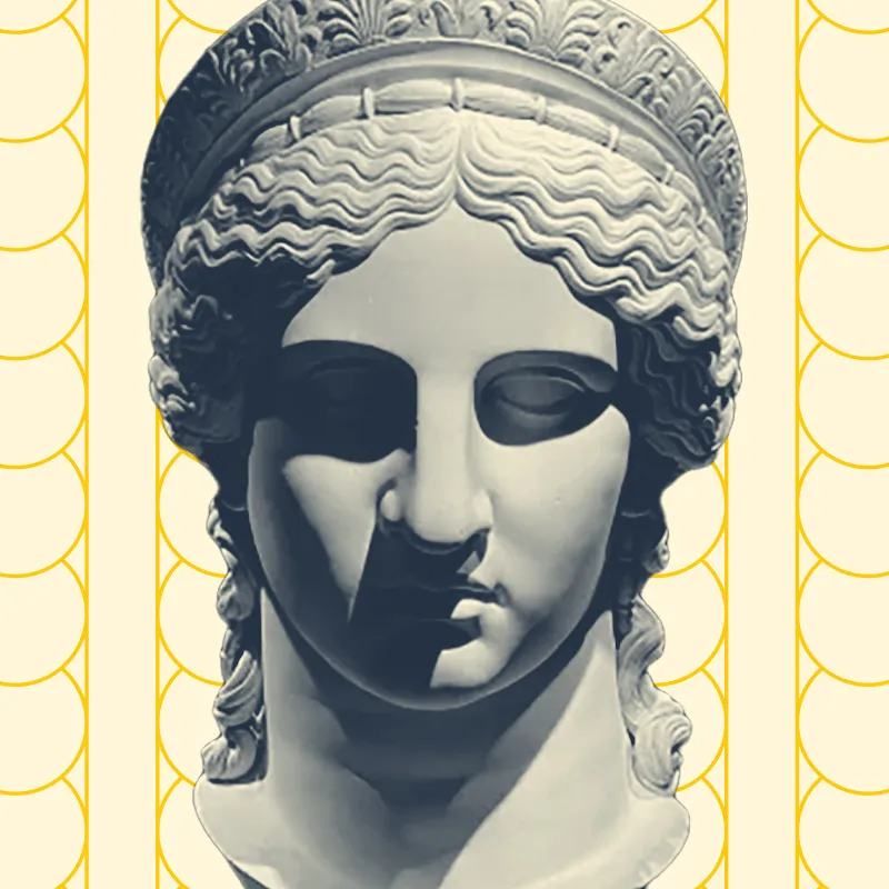 A bust of Athena in front of a yellow patterned background