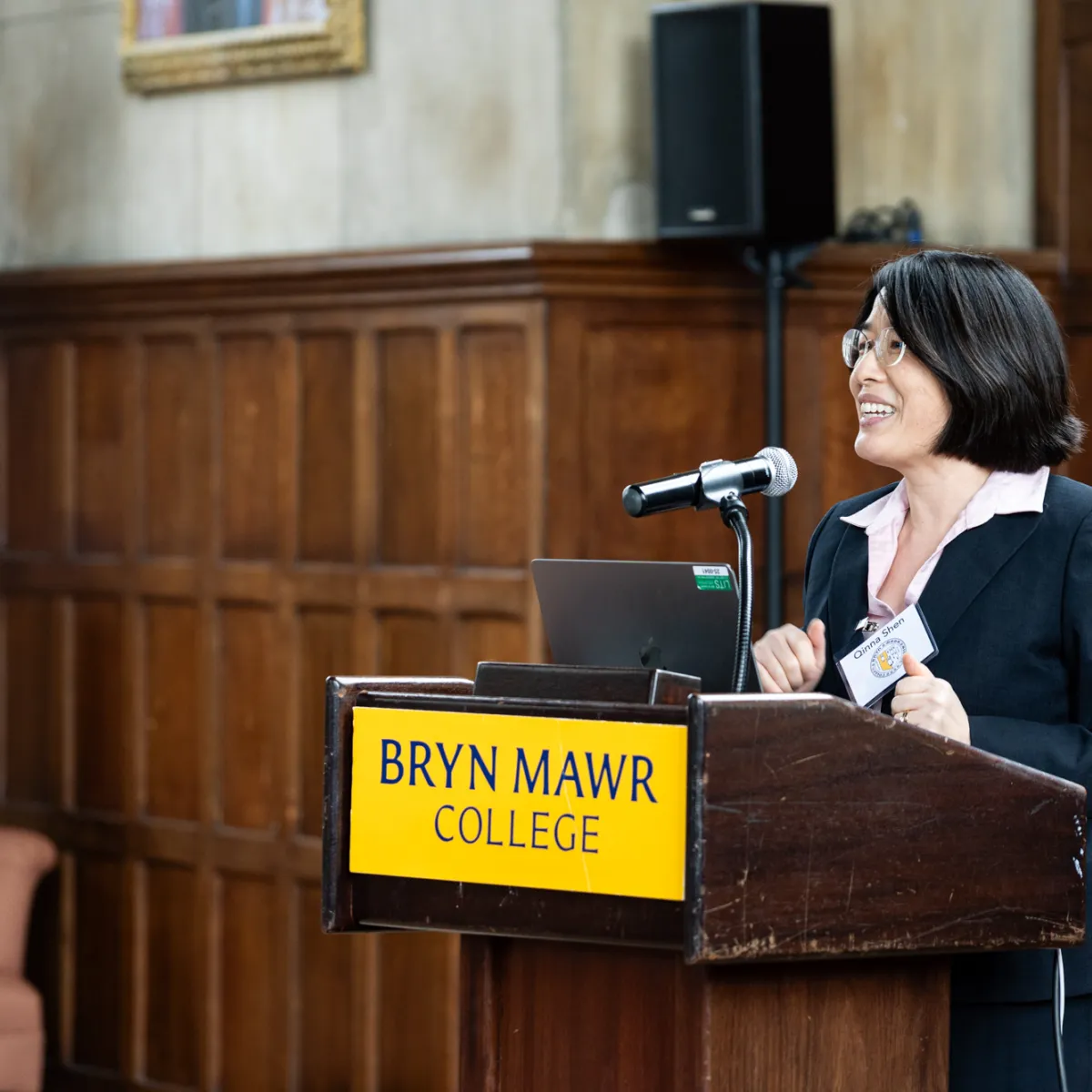 Professor of German Studies Qinna Shen speaks at a memorial for Emmy Noether
