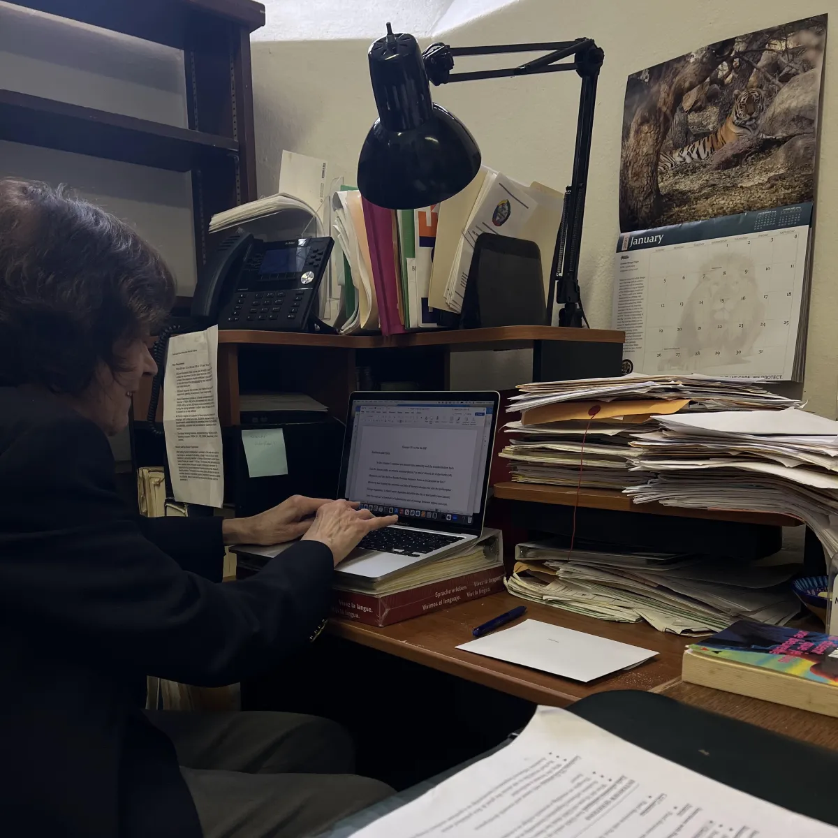 Professor typing on computer in an office full of books/papers