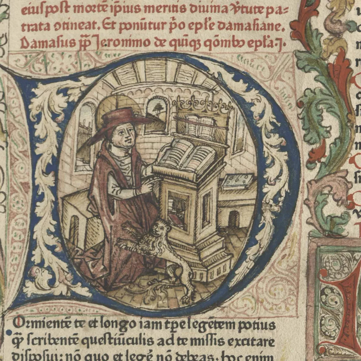 St. Jerome. Detail from the first page of St. Jerome's Epistolae. Mainz: Peter Schoeffer, 1470. Gift of Howard Lehman Goodhart.