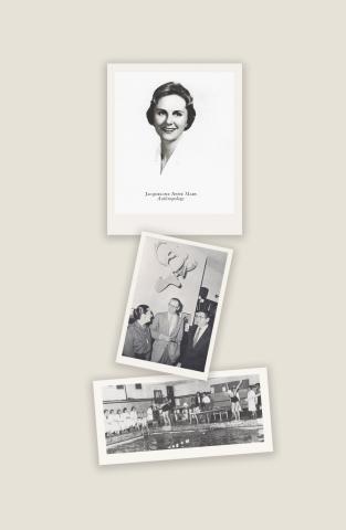 Jacqueline Badger Mars' yearbook photo; Dr. Eugene Schneider, Mr. Harper, and Dr. Frederica de Laguna; Mawrters at the swimming pool.