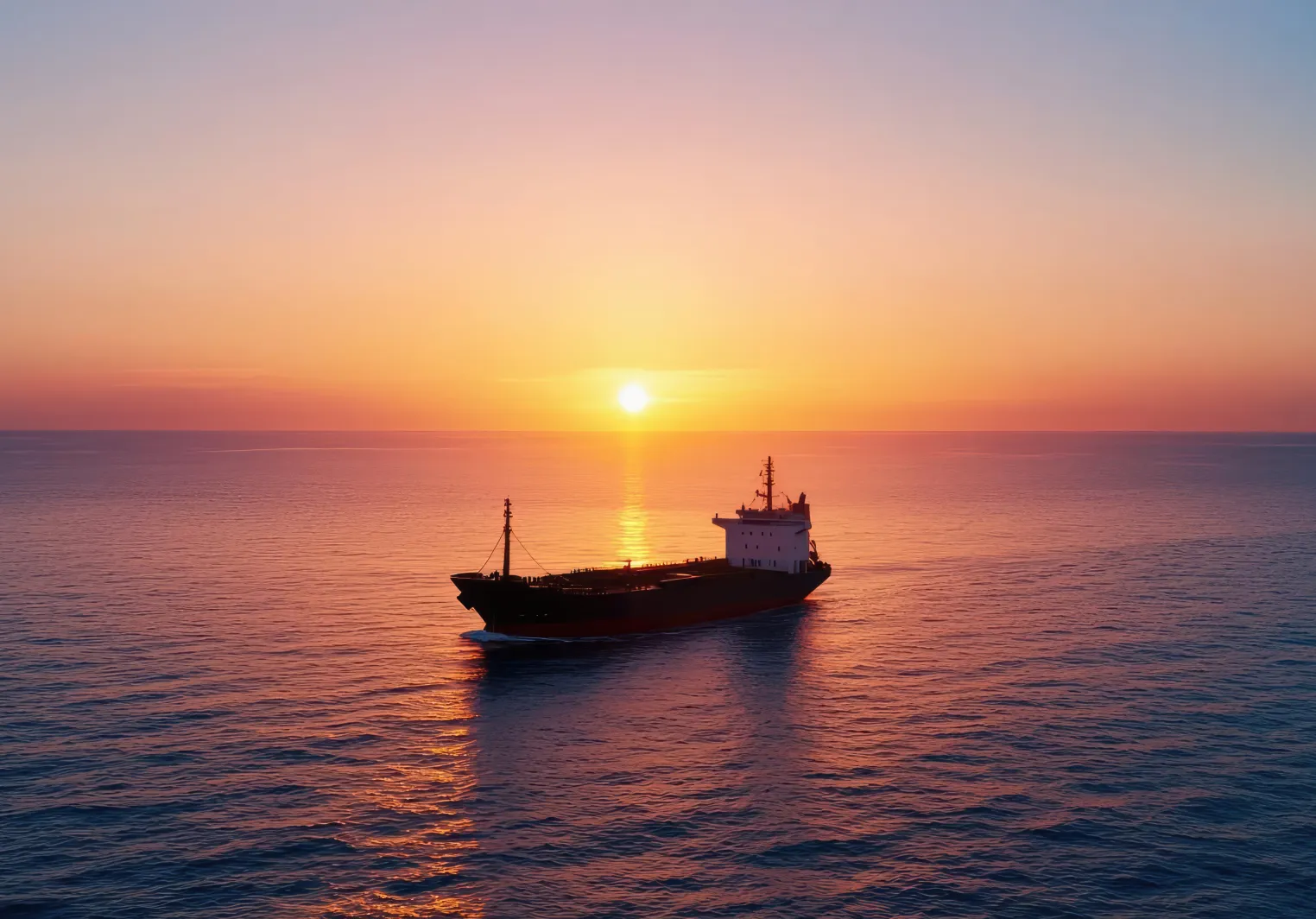 Ship sailing into a sunset