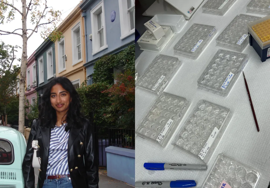 Headshot of Trisha side by side with lab plates