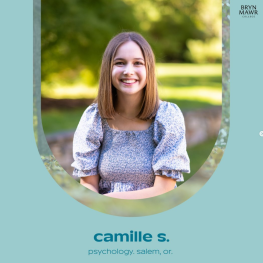Photo graphic with headshot of tour guide Camille S, with text at the bottom that reads, "camille s, psychology, salem, or."