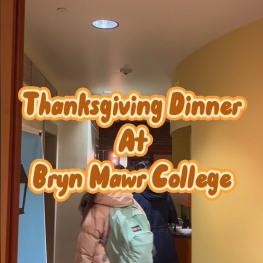 New dorm dining hall with graphic text that reads "thanksgiving dinner at Bryn Mawr College"