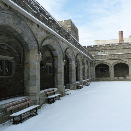 snow covers the Bryn Mawr cloisters