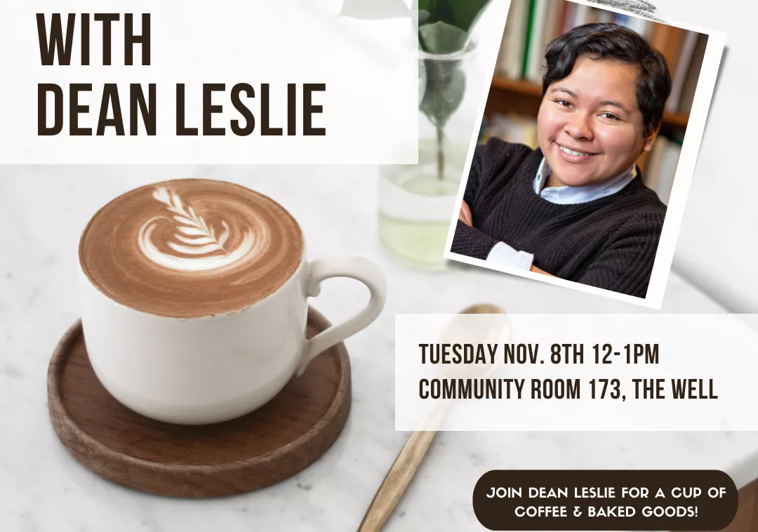 Photo of a coffee cup on the bottom left and a photo of Dean Leslie Castrejon on top right corner
