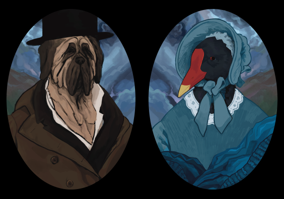 Illustrations of a mastiff and a bird
