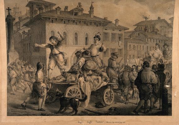 A scene from "I promessi sposi". Renzo, having escaped the lynching of the crowd who has mistaken him for an untore, jumps on the chariot of corpses and from there shows his fists to the crowd. 