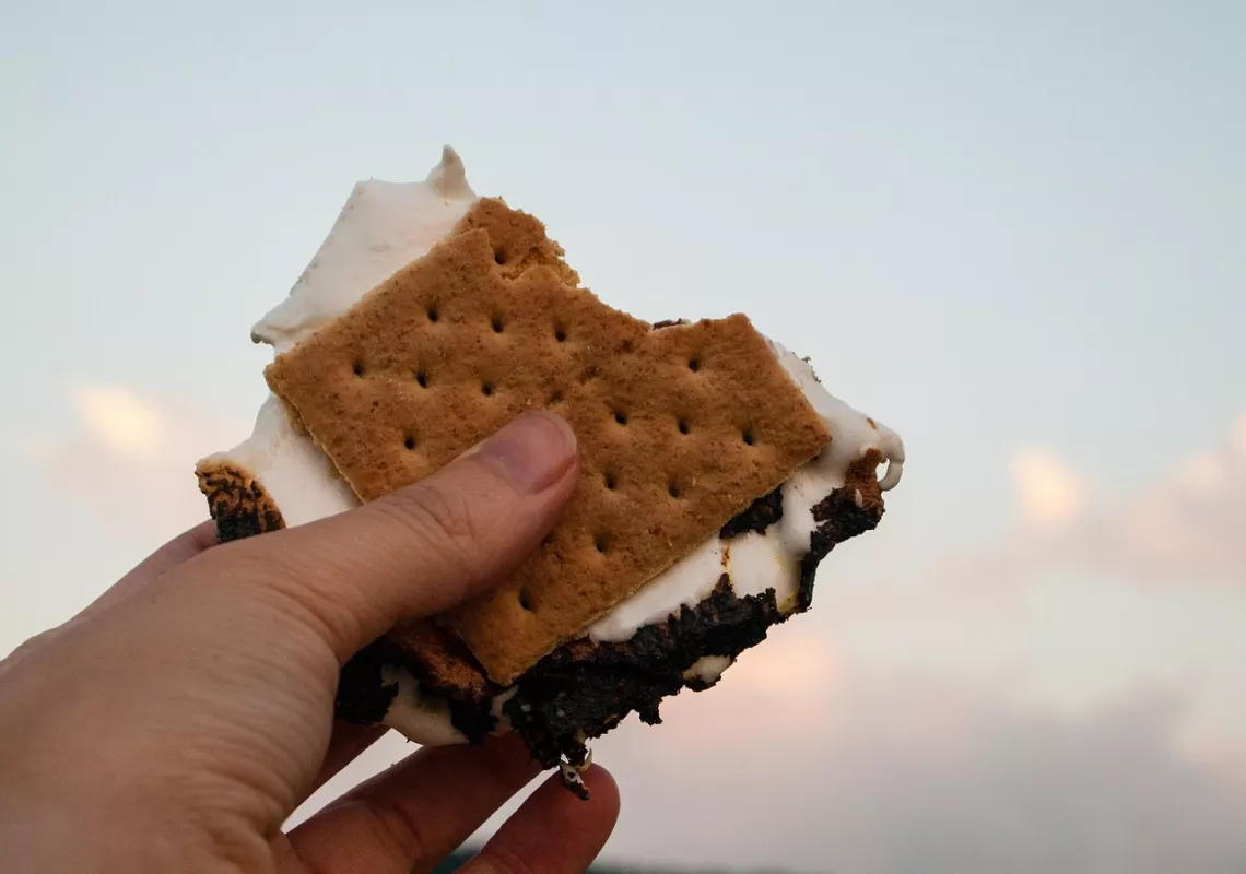 Hand holding a s'more