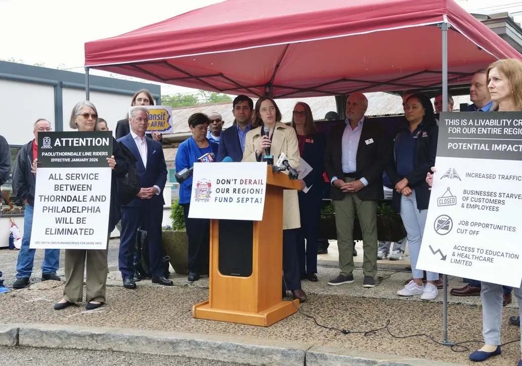 Wendy Cadge at the podium at Septa Press Conference