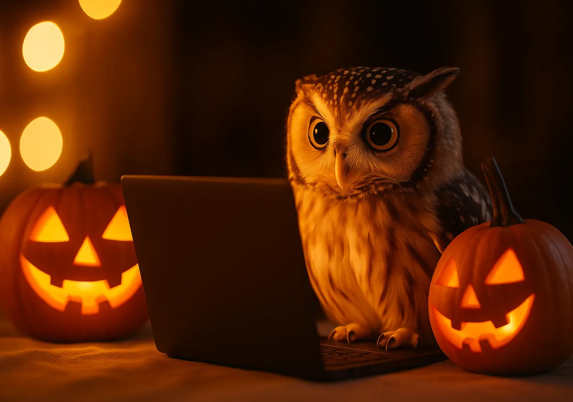 AI owl in  front of laptops with two jack-o-lanterns