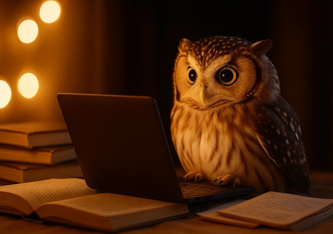 ai owl in front of laptop